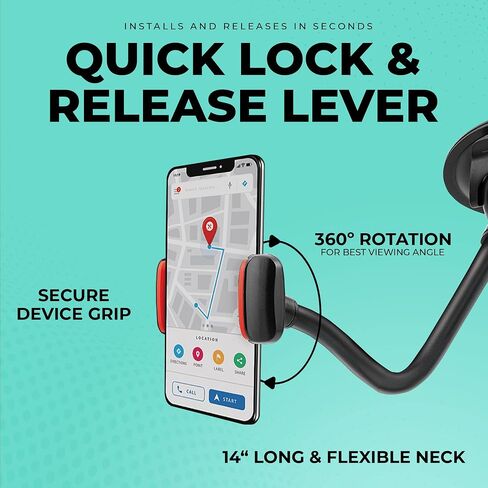 CHARGEWORX حامل الزجاج الأمامي للهواتف الذكية | حامل الهاتف الخليوي اللاسلكي للسيارات والمركبات | ذراع مرن مقاس 14.75 بوصة | قبضة آمنة ومضادة للانزلاق وحامل بزاوية 360 درجة | صدمات مضادة للطرق، المنعطفات الحادة، متينة in Kuwait