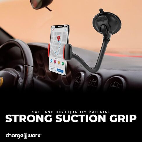 CHARGEWORX حامل الزجاج الأمامي للهواتف الذكية | حامل الهاتف الخليوي اللاسلكي للسيارات والمركبات | ذراع مرن مقاس 14.75 بوصة | قبضة آمنة ومضادة للانزلاق وحامل بزاوية 360 درجة | صدمات مضادة للطرق، المنعطفات الحادة، متينة in Kuwait