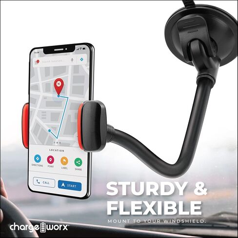 CHARGEWORX حامل الزجاج الأمامي للهواتف الذكية | حامل الهاتف الخليوي اللاسلكي للسيارات والمركبات | ذراع مرن مقاس 14.75 بوصة | قبضة آمنة ومضادة للانزلاق وحامل بزاوية 360 درجة | صدمات مضادة للطرق، المنعطفات الحادة، متينة in Kuwait