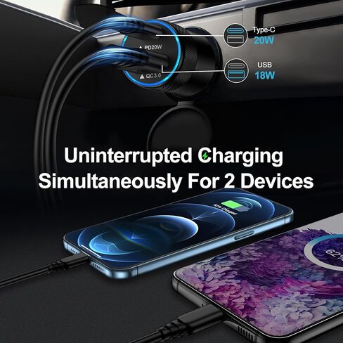 محول شاحن سيارة USB C، [PD20W & QC 18W] شاحن ولاعة السجائر شاحن سيارة سريع الشحن مع كابل USB C إلى USB C بطول 6 أقدام لهاتف iPhone 15/15 Pro/15 Pro Max، Samsung Galaxy S23 /S22/21/20، A54 in Kuwait