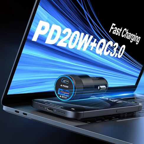 محول شاحن سيارة USB C، [PD20W & QC 18W] شاحن ولاعة السجائر شاحن سيارة سريع الشحن مع كابل USB C إلى USB C بطول 6 أقدام لهاتف iPhone 15/15 Pro/15 Pro Max، Samsung Galaxy S23 /S22/21/20، A54 in Kuwait