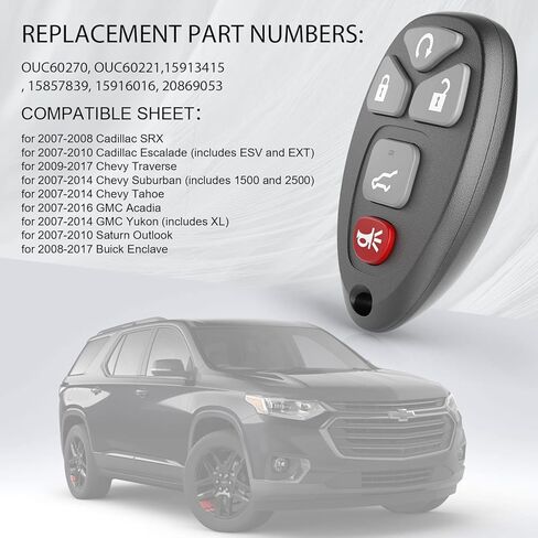 5 Buttons Keyless Entry Remote Control Car Key Fob for Chevy Traverse Tahoe Suburban/Buick Enclave/Cadillac Escalade/07-2016 GMC Acadia Yukon (OUC60270 OUC60221),Set of 1 in Kuwait
