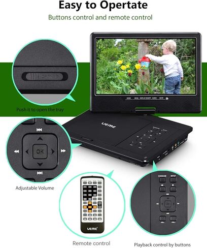 مشغل DVD محمول للسيارة UEME مع شاشة عرض دوارة عالية الدقة مقاس 10.1 بوصة، شاحن سيارة، يدعم CD/DVD/بطاقة SD/USB، حامل مسند رأس السيارة، تصميم أزرار محسّن in Kuwait