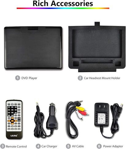 مشغل DVD محمول للسيارة UEME مع شاشة عرض دوارة عالية الدقة مقاس 10.1 بوصة، شاحن سيارة، يدعم CD/DVD/بطاقة SD/USB، حامل مسند رأس السيارة، تصميم أزرار محسّن in Kuwait