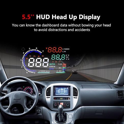 5.5 بوصة HUD Head Up Display متعددة الألوان الزجاج الأمامي شاشة العرض السرعة المركبة، تنبيه السرعة الزائدة، عرض كم/ساعة MPH، مقبس واجهة OBDII/EUOBD in Saudi Arabia
