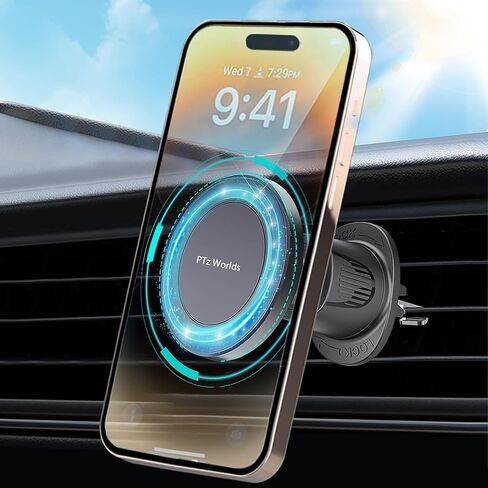 حامل هاتف مغناطيسي للسيارة من PTz Worlds - حامل هاتف للسيارة لهاتف iPhone، حامل هاتف السيارة، حامل سيارة لهاتف iPhone، حوامل معدنية للتيار المتردد، قاعدة مغناطيس دائرية سحرية كبيرة مع دوران عالمي 360 درجة in Kuwait