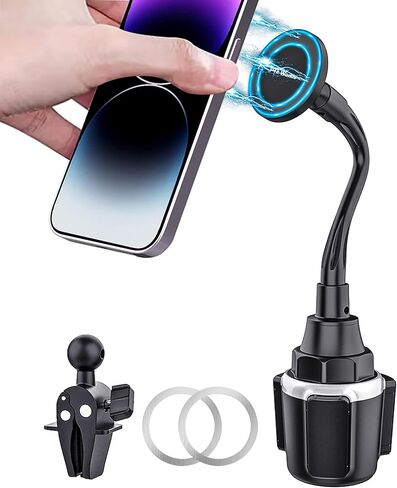 Cup Phone Holder for Car, Magnetic – Compatible with MagSafe, Secure Magnetic Mount, Stability-Enhanced Expandable Base, Flexible Reinforced Gooseneck, Works with iPhone, Galaxy, Pixel [Not Charger] in Saudi Arabia