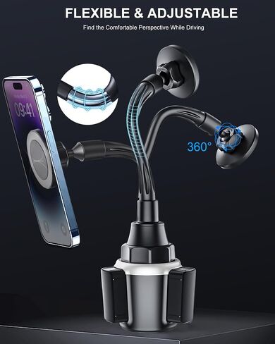Cup Phone Holder for Car, Magnetic – Compatible with MagSafe, Secure Magnetic Mount, Stability-Enhanced Expandable Base, Flexible Reinforced Gooseneck, Works with iPhone, Galaxy, Pixel [Not Charger] in Saudi Arabia