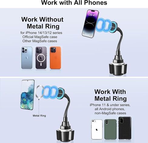 Cup Phone Holder for Car, Magnetic – Compatible with MagSafe, Secure Magnetic Mount, Stability-Enhanced Expandable Base, Flexible Reinforced Gooseneck, Works with iPhone, Galaxy, Pixel [Not Charger] in Saudi Arabia