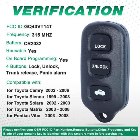 Beefunny Remote Control Car Key Fob 315MHz for Toyota Camry Solara 2002-2006 FCC ID: GQ43VT14T (1) in Kuwait