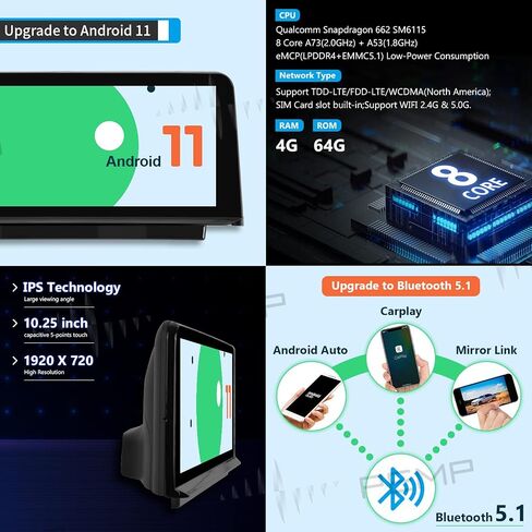 PEMP لسيارة BMW X5/X6 F15 F16 Android 11 (قابلة للترقية إلى Android 13) Carplay Android auto، شاشة لمس IPS 1920X720 10.25 بوصة، شاشة Qualcomm 8-core 4G 64GB f15 f16 (2013-2015) NBT in Kuwait