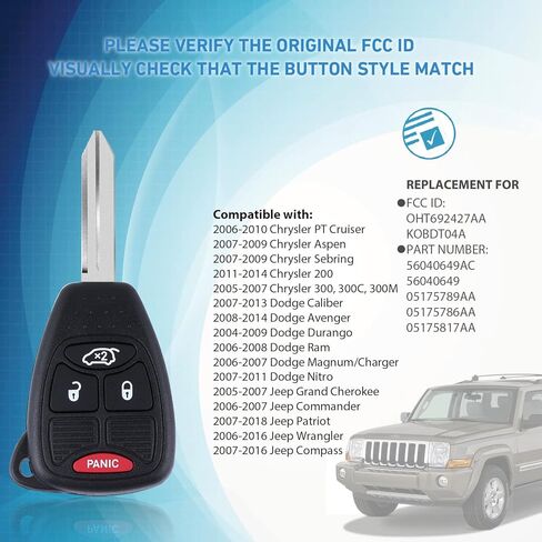 جهاز التحكم عن بعد للدخول بدون مفتاح مفتاح مفتاح يناسب جراند شيروكي / كوماندر / ليبرتي، دودج ماغنوم / الشاحن / دوراانجو، كرايسلر 300، يستخدم 4 أزرار OHT692427AA KOBDT04A (عبوة من قطعتين) in Kuwait