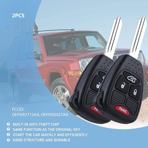 جهاز التحكم عن بعد للدخول بدون مفتاح مفتاح مفتاح يناسب جراند شيروكي / كوماندر / ليبرتي، دودج ماغنوم / الشاحن / دوراانجو، كرايسلر 300، يستخدم 4 أزرار OHT692427AA KOBDT04A (عبوة من قطعتين) in Kuwait