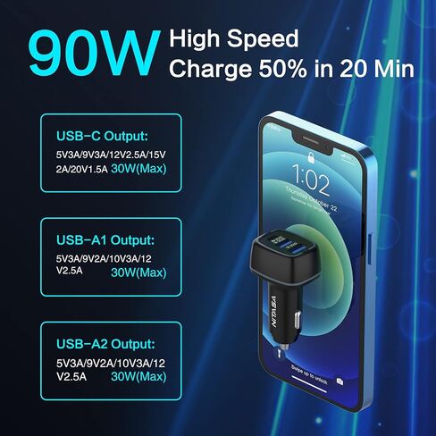 شاحن سيارة USB C، شاحن سيارة NITASA 90W 3 منافذ PD 3.0 & QC 30W (PPS) LED نوع C ولاعة سجائر محول شحن سريع لهاتف iPhone 14/14 Pro/13/15 Pro Max، iPad، Samsung S22/S21/S23، Pixel 7 8 برو in Kuwait