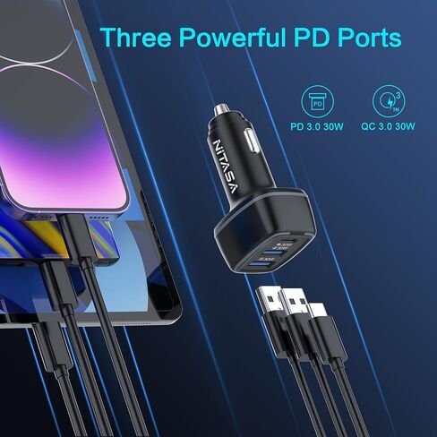 شاحن سيارة USB C، شاحن سيارة NITASA 90W 3 منافذ PD 3.0 & QC 30W (PPS) LED نوع C ولاعة سجائر محول شحن سريع لهاتف iPhone 14/14 Pro/13/15 Pro Max، iPad، Samsung S22/S21/S23، Pixel 7 8 برو in Kuwait