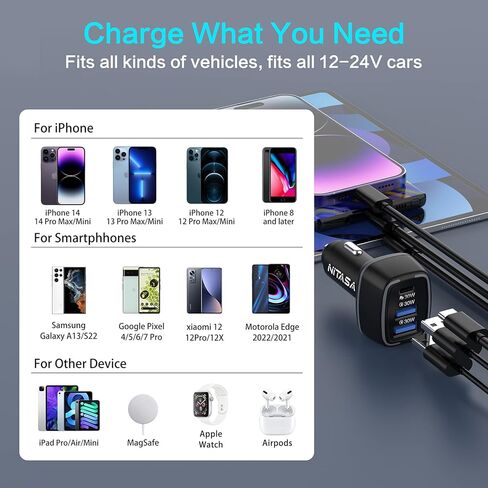 شاحن سيارة USB C، شاحن سيارة NITASA 90W 3 منافذ PD 3.0 & QC 30W (PPS) LED نوع C ولاعة سجائر محول شحن سريع لهاتف iPhone 14/14 Pro/13/15 Pro Max، iPad، Samsung S22/S21/S23، Pixel 7 8 برو in Kuwait