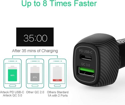 شاحن سيارة، Arteck 40W/8A PD USB-C/محول منفذ USB سريع الشحن 3.0 مع منفذي USB، متوافق مع iPhone 15 15 Pro 14 Plus 14 Pro Max13 12 11 SE Xs X وiPad وSamsung Galaxy Note والهواتف الذكية الأخرى in Kuwait