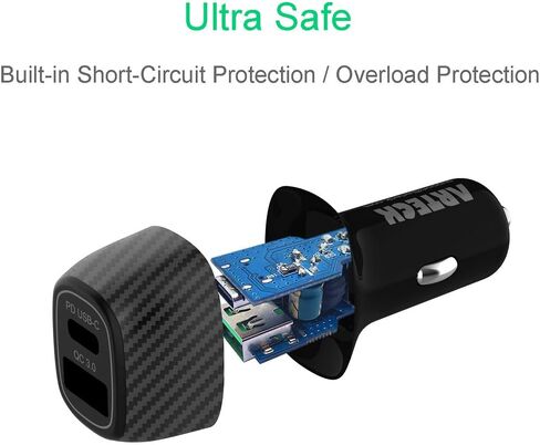 شاحن سيارة، Arteck 40W/8A PD USB-C/محول منفذ USB سريع الشحن 3.0 مع منفذي USB، متوافق مع iPhone 15 15 Pro 14 Plus 14 Pro Max13 12 11 SE Xs X وiPad وSamsung Galaxy Note والهواتف الذكية الأخرى in Kuwait