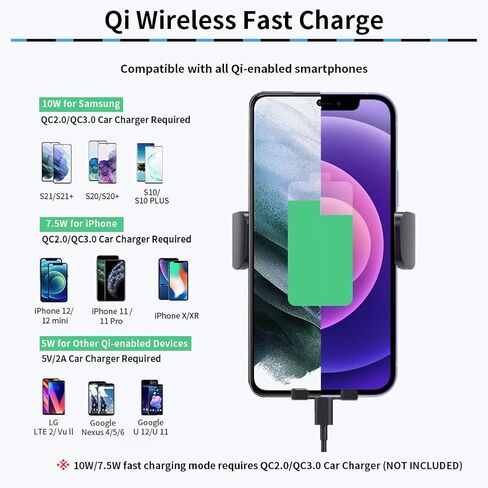 شاحن سيارة لاسلكي من leQuiven متوافق مع iPhone 13/12/11 Pro Mini SE 8P، سامسونج جالاكسي S20 S10 S9 S8 S7 Note10، حامل هاتف بمشبك فتحة CD & Air Vent Clip Phone Mount، Qi شحن Auto Clamping in Kuwait