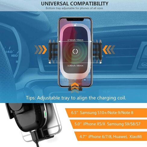 شاحن سيارة لاسلكي من leQuiven متوافق مع iPhone 13/12/11 Pro Mini SE 8P، سامسونج جالاكسي S20 S10 S9 S8 S7 Note10، حامل هاتف بمشبك فتحة CD & Air Vent Clip Phone Mount، Qi شحن Auto Clamping in Kuwait