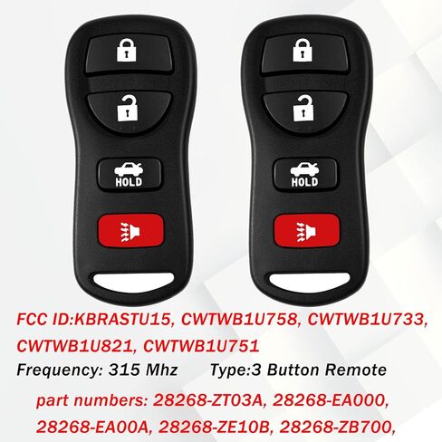 Replacement for 02-2006 Nissan Maxima Altima Murano , 03-2009 350Z Quest Armada , 07-2015 Nissan Sentra Versa , Keyless Entry Car Key That Use 4 Button FCCID: KBRASTU15 CWTWB1U733 (Pack of 2) in Kuwait