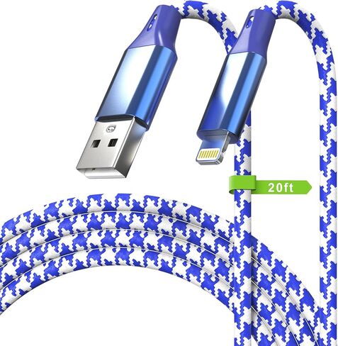سلك شاحن iPhone طويل، كابل لايتنينج 20FT/6M [معتمد من Apple MFi] كابل مزامنة شحن سريع مجدول من النايلون 2.4 أمبير، كابل شحن USB A لهاتف iPhone14 13 12 11 Pro Max Mini XR XS X 8 7 6 Plus SE Pad in Kuwait