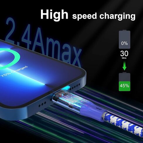 سلك شاحن iPhone طويل، كابل لايتنينج 20FT/6M [معتمد من Apple MFi] كابل مزامنة شحن سريع مجدول من النايلون 2.4 أمبير، كابل شحن USB A لهاتف iPhone14 13 12 11 Pro Max Mini XR XS X 8 7 6 Plus SE Pad in Kuwait