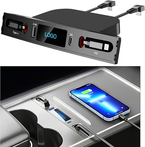 شاحن سيارة USB متعدد المنافذ لسيارة تسلا موديل 3/Y 2021 2022 2023، ملحقات تسلا متعددة الوظائف مع شعار وكابل قابل للسحب، موزع USB تيسلا يناسب 100% محول وحدة التحكم المركزية، هدايا لمالكي تسلا in Kuwait