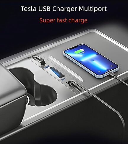 شاحن سيارة USB متعدد المنافذ لسيارة تسلا موديل 3/Y 2021 2022 2023، ملحقات تسلا متعددة الوظائف مع شعار وكابل قابل للسحب، موزع USB تيسلا يناسب 100% محول وحدة التحكم المركزية، هدايا لمالكي تسلا in Kuwait