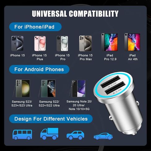 iPhone 15 Fast Car Charger, [MFi Certified] Mini 4.8A All Metal Dual USB Car Charger Fast Charge Adapter with 2 Pack USB to USB C Cable for iPhone 15/15 Plus/15 Pro/15 Pro Max, iPad Pro/Air/Mini in Kuwait