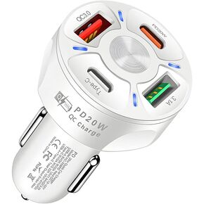 Car Charger Adapter, 4 Ports 2 USB Fast Car Phone Charger, 38W PD Type-C QC3.0, Multi-Port Smart Quick Charger with LED Light, Compatible with iPhone 13 12 11 Pro Max, Galaxy and More (White-4/1PCS)