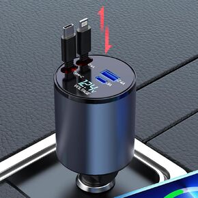 ROADRESS Retractable Car Charger, 100W 4 in 1 Fast Car Phone Charger Build-in 2 Retractable Charging Cables and 2 USB Ports with Voltage Display for iPhone 15/14/13/12 Pro Max XR,iPad,Samsung,Pixel in Kuwait