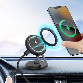 حامل شاحن سيارة لاسلكي مغناطيسي قابل للطي من ميهيدي، حامل جوال مغناطيسي سريع الشحن بقدرة 15 واط لسيارة تيسلا موديل 3/X/Y/S، متوافق مع حافظة ماج سيف وايفون 12/13/14 برو ماكس ميني، دوران 360 درجة in Kuwait