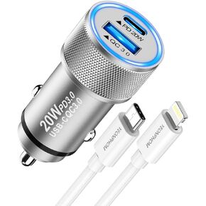 iPhone Car Charger[Apple MFi Certified], YEONPHOM Fast Car Charger for iPhone 14 13 12 Pro Max/Mini/11/XR/XS MAX/X,PD 20W&QC3.0 Dual Port USB C Car Phone Charger Adapter with Type C to Lightning Cable in Kuwait