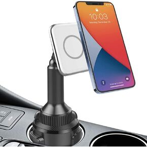 Aporia - Car Cup Holder Compatible with MagSafe for iPhone +12 | 15W Fast Charging Mount Holder Charger with extendable Adjustable arm with 360 Rotation for Driver & Passenger - Black