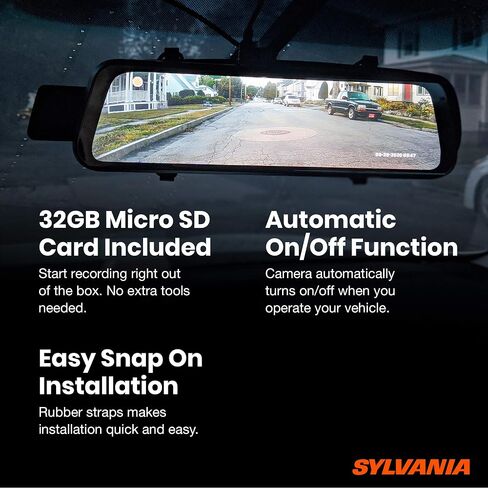 SYLVANIA - Roadsight Mirror Dash Camera and Backup Camera - 340 Degree View - HD 1080p, Elastic Mount, 32GB Memory Card, G-Sensor, 9.66" LED IPS Touch Screen, Truck, Car, Taxi in Saudi Arabia