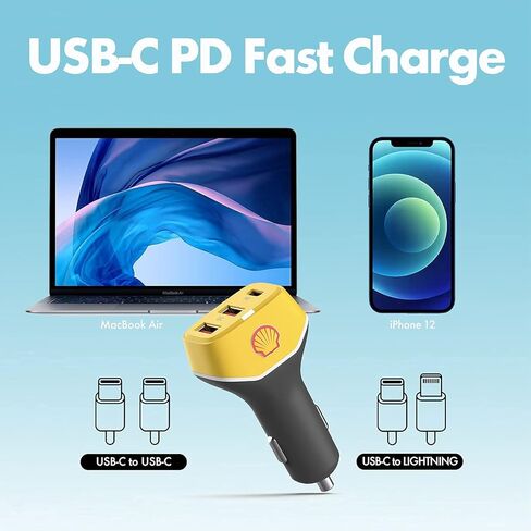 Shell USB Car Charger 3 Port 54W Type C Car Charger Adapter,30W PD USB C+ Dual QC USB A for iPhone 12/Pro/Max/Mini/iPad Pro/Air/Mini,MacBook Air,Google Pixel, Tablets,GPS in Kuwait