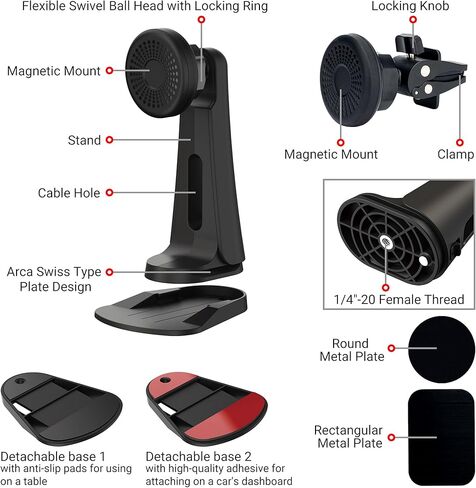 حامل موبايل مغناطيسي للسيارة 3 في 1 متعدد الاستخدامات للوحة عدادات السيارة وفتحة التهوية وسطح المكتب والحامل الثلاثي، متوافق مع ايفون والهواتف الذكية الاخرى -- يتطلب لوحة معدنية (متضمنة) in Kuwait