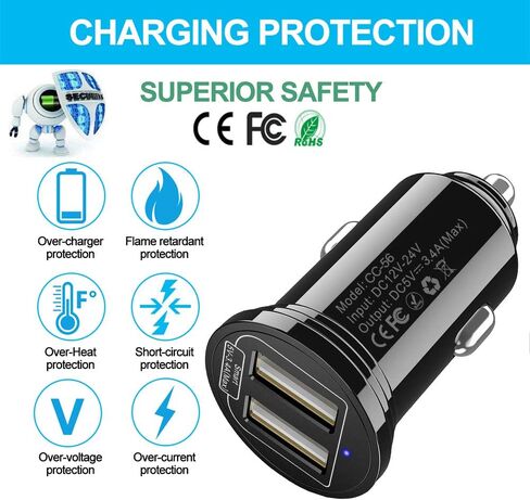 شاحن سيارة USB، Bralon 2-Pack 24W/4.8A Mini 2 USB سريع محول شاحن السيارة متوافق مع الهاتف 12 Pro (Max) 12 Mini 11 11 Pro (Max) Xs Max X 8 7، G.alaxy N.ote S10 S9 S8 S7، الوسادة والمزيد in Kuwait