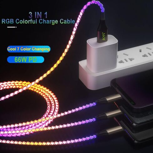 كابل شاحن AYI RGB USB من النوع C إلى USB A 2.0 Android شحن سريع وسرعة بيانات عالية وتدفق تيار ملون مرئي متوافق مع جميع أجهزة النوع C-RGB 39 بوصة in Kuwait