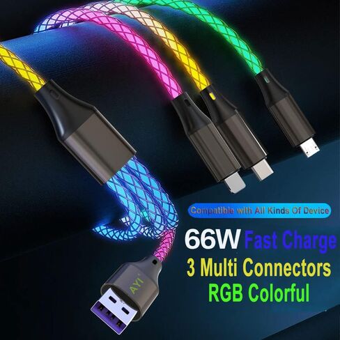 كابل شاحن AYI RGB USB من النوع C إلى USB A 2.0 Android شحن سريع وسرعة بيانات عالية وتدفق تيار ملون مرئي متوافق مع جميع أجهزة النوع C-RGB 39 بوصة in Kuwait