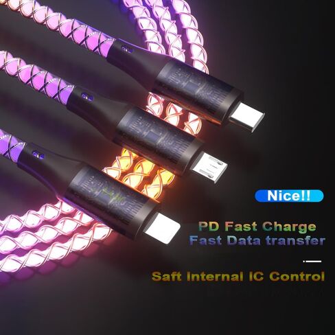 كابل شاحن AYI RGB USB من النوع C إلى USB A 2.0 Android شحن سريع وسرعة بيانات عالية وتدفق تيار ملون مرئي متوافق مع جميع أجهزة النوع C-RGB 39 بوصة in Kuwait