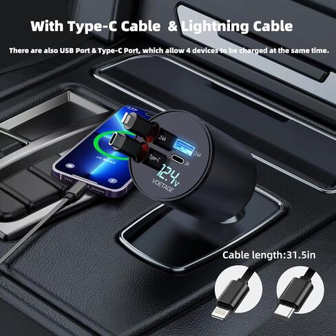 ROADRESS Retractable Car Charger, 100W 4 in 1 Fast Car Phone Charger Build-in 2 Retractable Charging Cables and 2 USB Ports with Voltage Display for iPhone 15/14/13/12 Pro Max XR,iPad,Samsung,Pixel in Kuwait