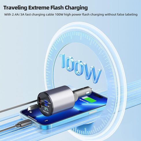 ROADRESS Retractable Car Charger, 100W 4 in 1 Fast Car Phone Charger Build-in 2 Retractable Charging Cables and 2 USB Ports with Voltage Display for iPhone 15/14/13/12 Pro Max XR,iPad,Samsung,Pixel in Kuwait