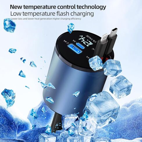 ROADRESS Retractable Car Charger, 100W 4 in 1 Fast Car Phone Charger Build-in 2 Retractable Charging Cables and 2 USB Ports with Voltage Display for iPhone 15/14/13/12 Pro Max XR,iPad,Samsung,Pixel in Kuwait