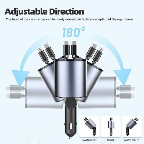 ROADRESS Retractable Car Charger, 100W 4 in 1 Fast Car Phone Charger Build-in 2 Retractable Charging Cables and 2 USB Ports with Voltage Display for iPhone 15/14/13/12 Pro Max XR,iPad,Samsung,Pixel in Kuwait
