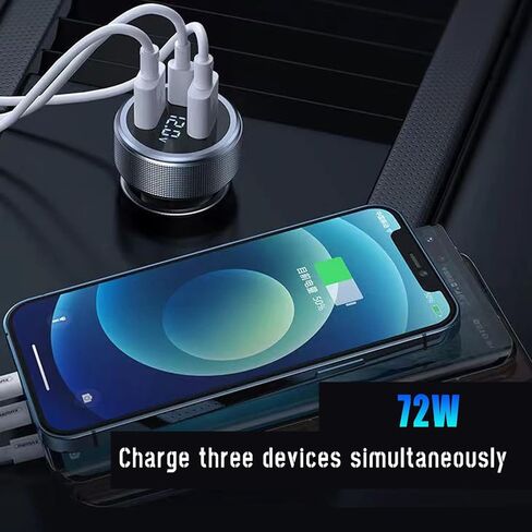 شاحن سيارة USB C 72 واط، 3 منافذ 12 فولت شاحن USB مزدوج QC3.0 و36 واط PD معدني صغير سريع محول شاحن سيارة مع الفولتميتر LED للمركبات 12 فولت ~ 24 فولت (فضي) in Kuwait