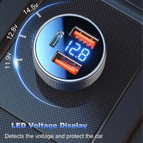 شاحن سيارة USB C 72 واط، 3 منافذ 12 فولت شاحن USB مزدوج QC3.0 و36 واط PD معدني صغير سريع محول شاحن سيارة مع الفولتميتر LED للمركبات 12 فولت ~ 24 فولت (فضي) in Kuwait