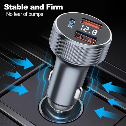 شاحن سيارة USB C 72 واط، 3 منافذ 12 فولت شاحن USB مزدوج QC3.0 و36 واط PD معدني صغير سريع محول شاحن سيارة مع الفولتميتر LED للمركبات 12 فولت ~ 24 فولت (فضي) in Kuwait