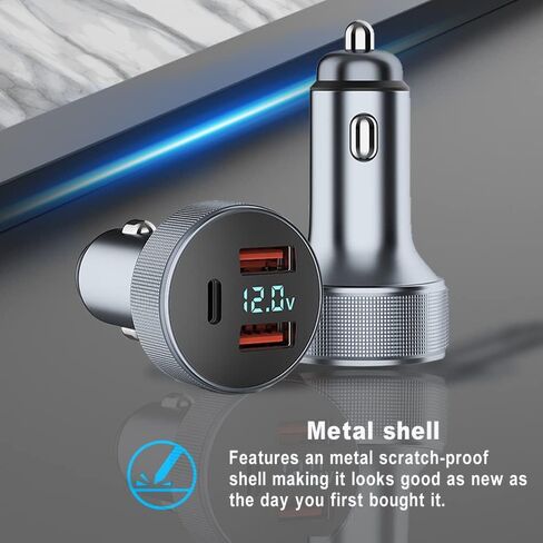 شاحن سيارة USB C 72 واط، 3 منافذ 12 فولت شاحن USB مزدوج QC3.0 و36 واط PD معدني صغير سريع محول شاحن سيارة مع الفولتميتر LED للمركبات 12 فولت ~ 24 فولت (فضي) in Kuwait
